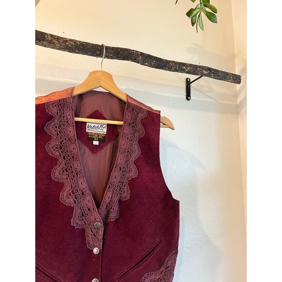 Deadstock 90s Burgundy Purple Suede Genuine Leather Lace Trim Vest Size Large - Picture 3 of 10